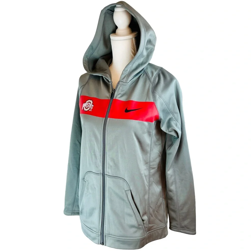 NIKE Ohio State Buckeyes‎ Gray Red  Dri Fit Full Zip Jacket Hoodie Football OSU